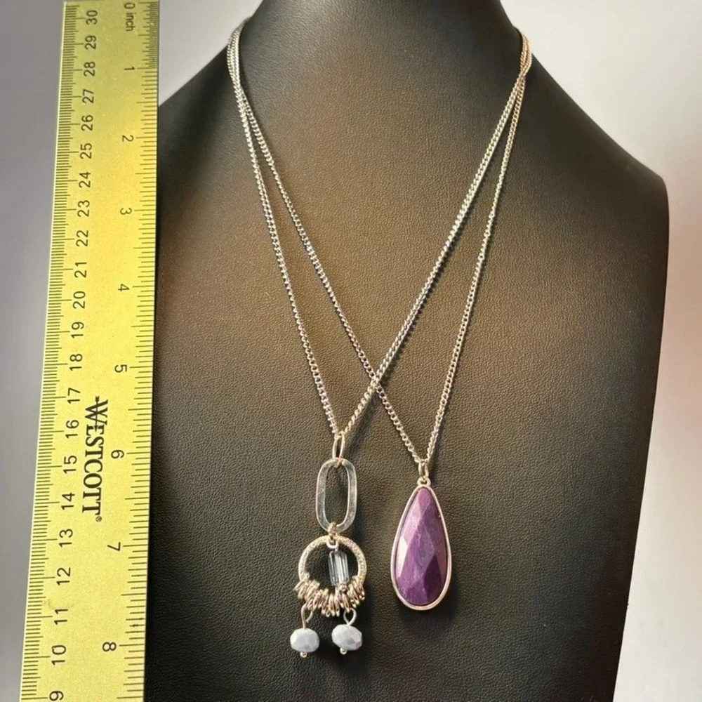 Pendant Necklace Set Purple Silver Boho Whimsygoth Statement